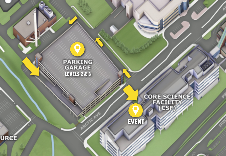 A map of campus showing directions to parking and the event